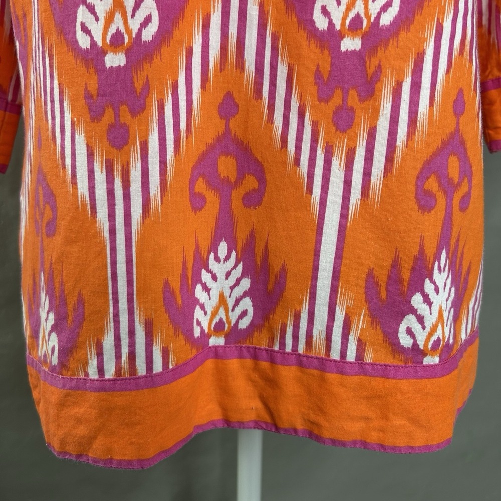 Gretchen Scott Top M Orange Purple Ikat Batik V Neck Cotton Resort Tunic - Picture 9 of 14